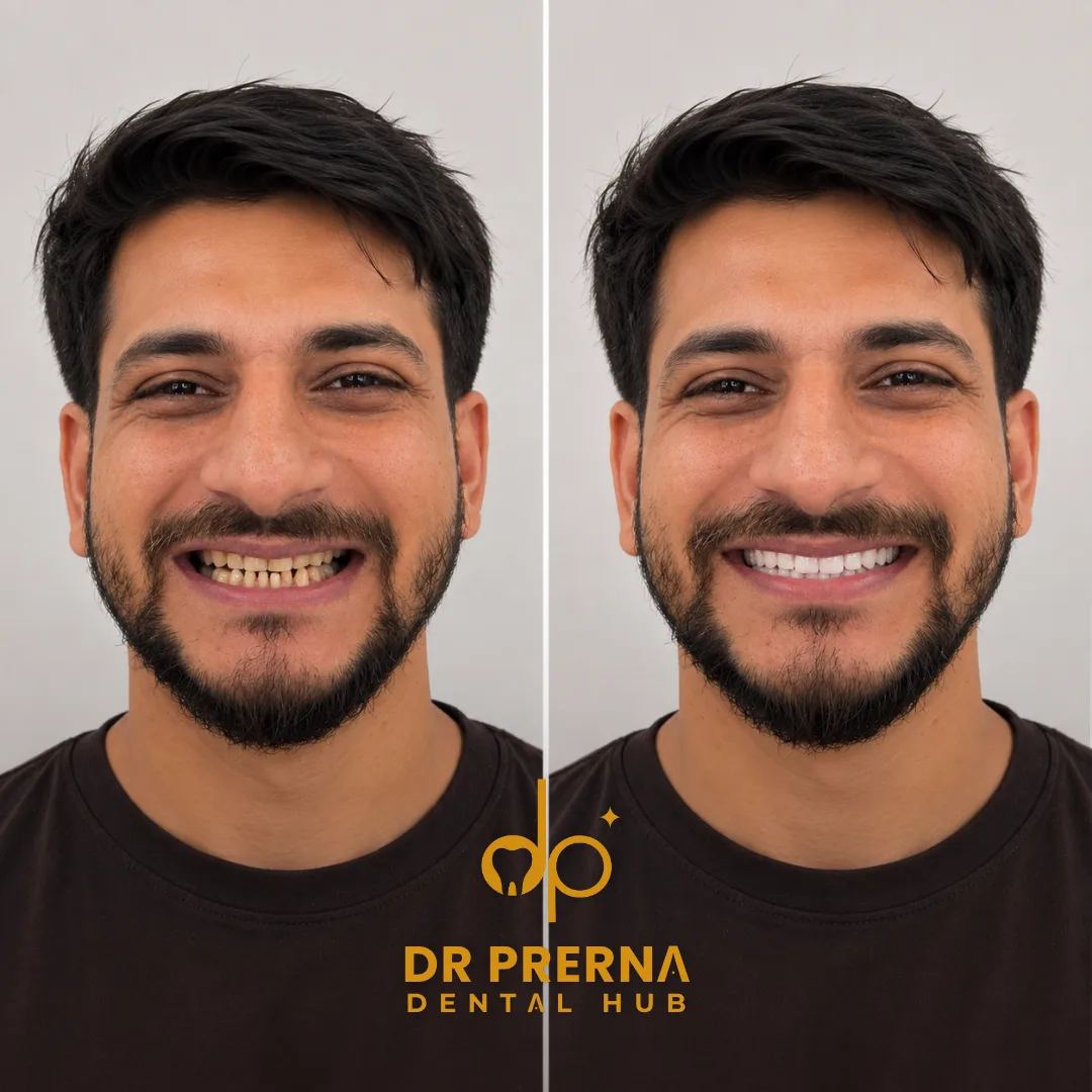 Before and after smile makeover result 1 at Dr. Prerna Dental Hub, Rohini